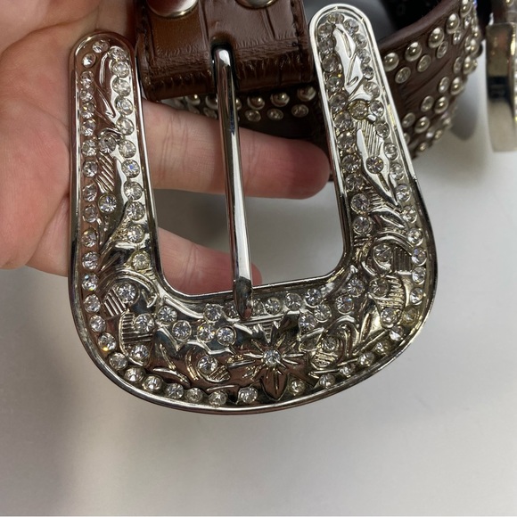 Nocona Y2K Vintage Bling Brown Silver Rhinestones Iridescent Jewel Vintage Belt - Picture 9 of 16